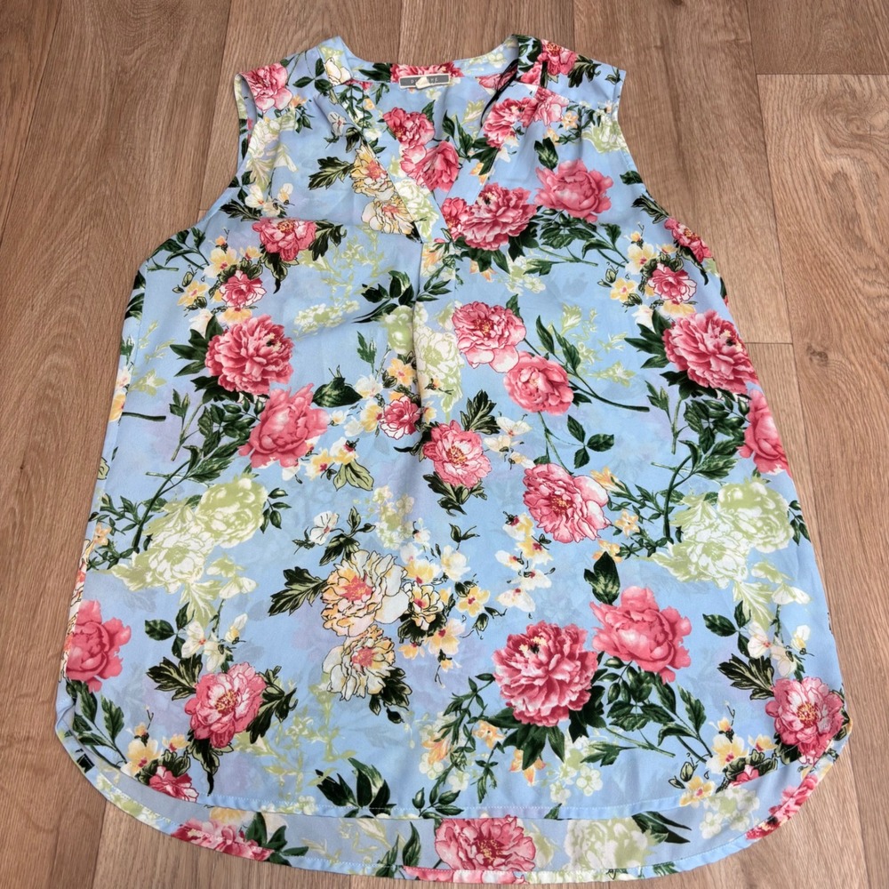 Pleione Womens Blue Pink Floral Peony Sleeveless V-Neck Blouse Size S